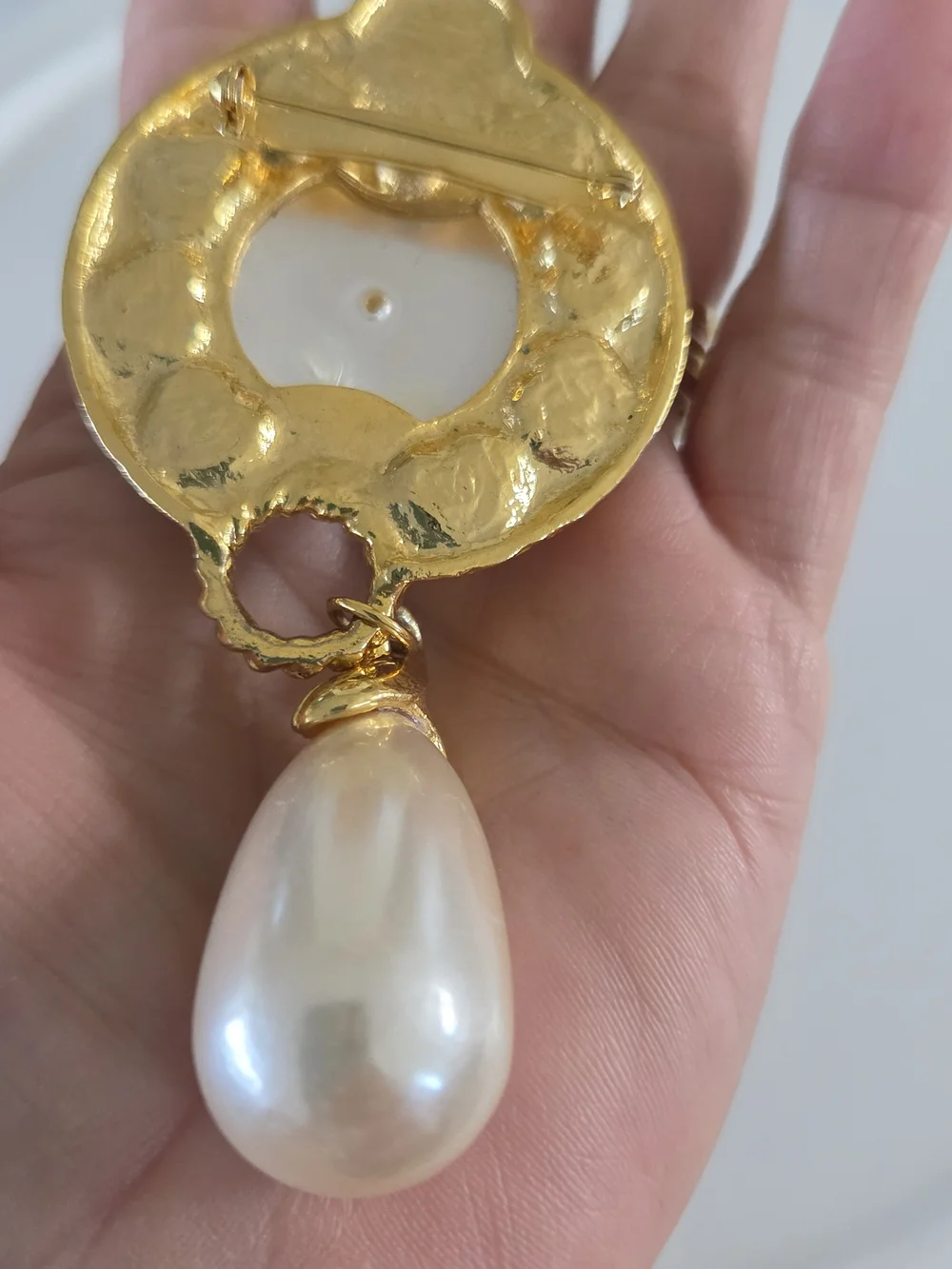Vintage Gold-Tone Multicolor Hearts & Faux Pearl Drop Brooch